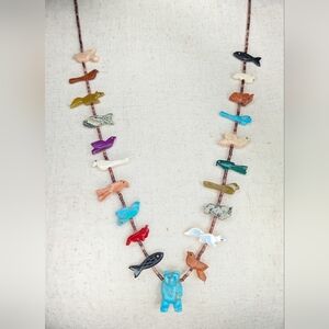Vintage Sterling Silver & Multi-Stone Fetish Necklace - Turquoise Bear